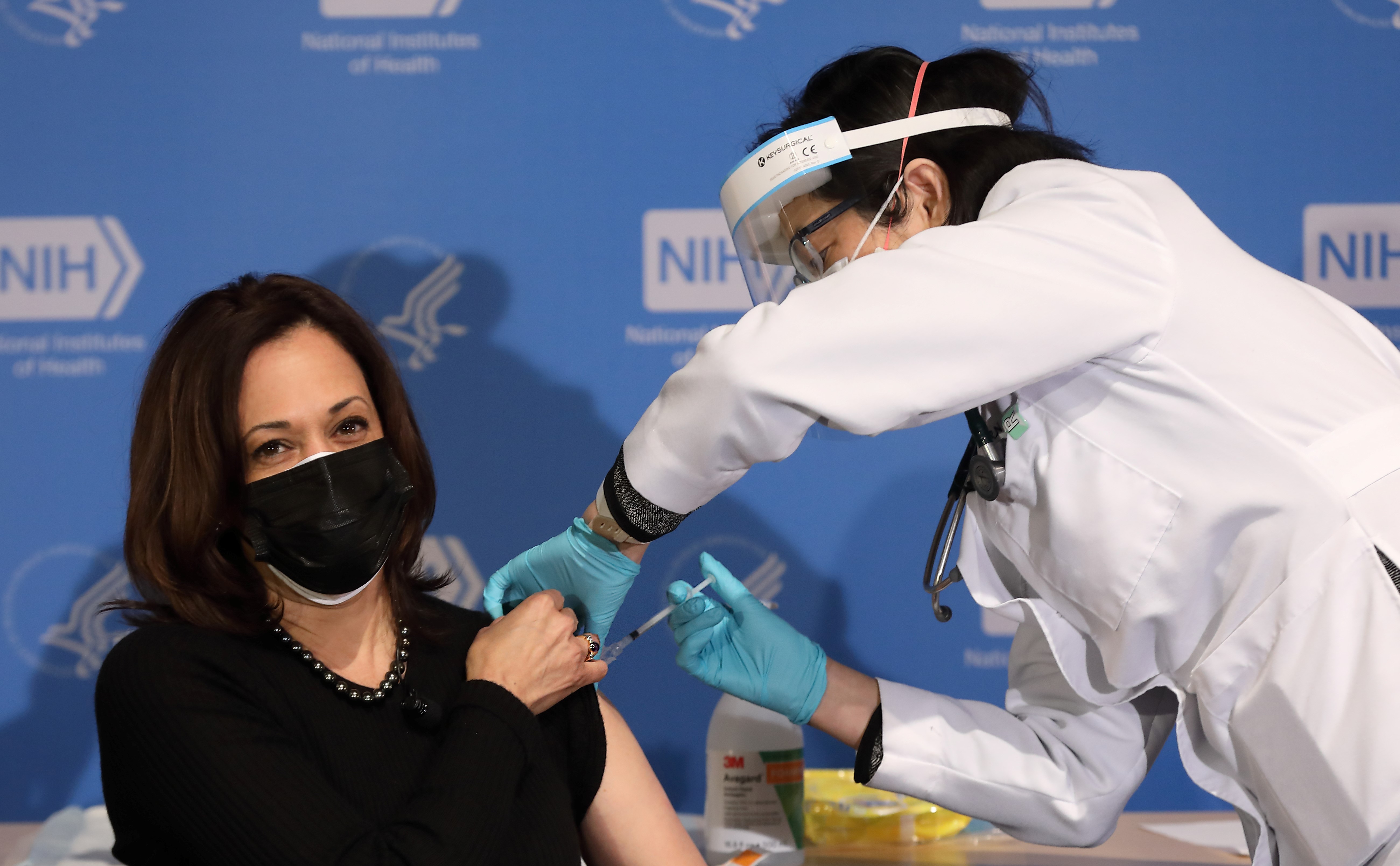 Vice President of the United States Kamala Harris receives her second dose of the Moderna, Inc., COVID-19 vaccine, at NIH on January 26, 2021. Vice President of the United States Kamala Harris receives her second dose of the Moderna, Inc., COVID-19 vaccine, at NIH on January 26, 2021.