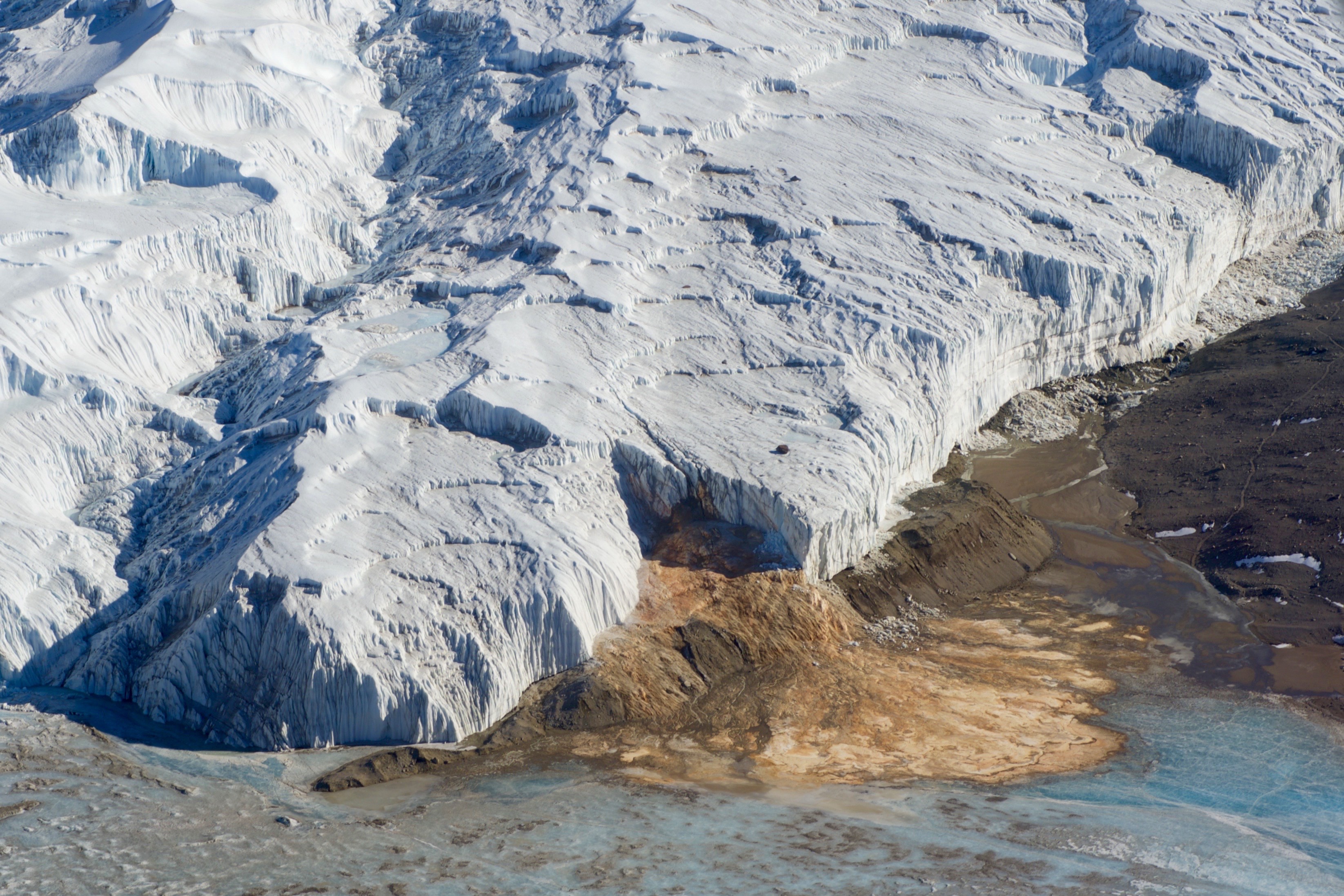 Blood Falls, an iron rich plume of seawater from the Taylor Glacier  in the McMurdo Dry Valleys in Antarctica.