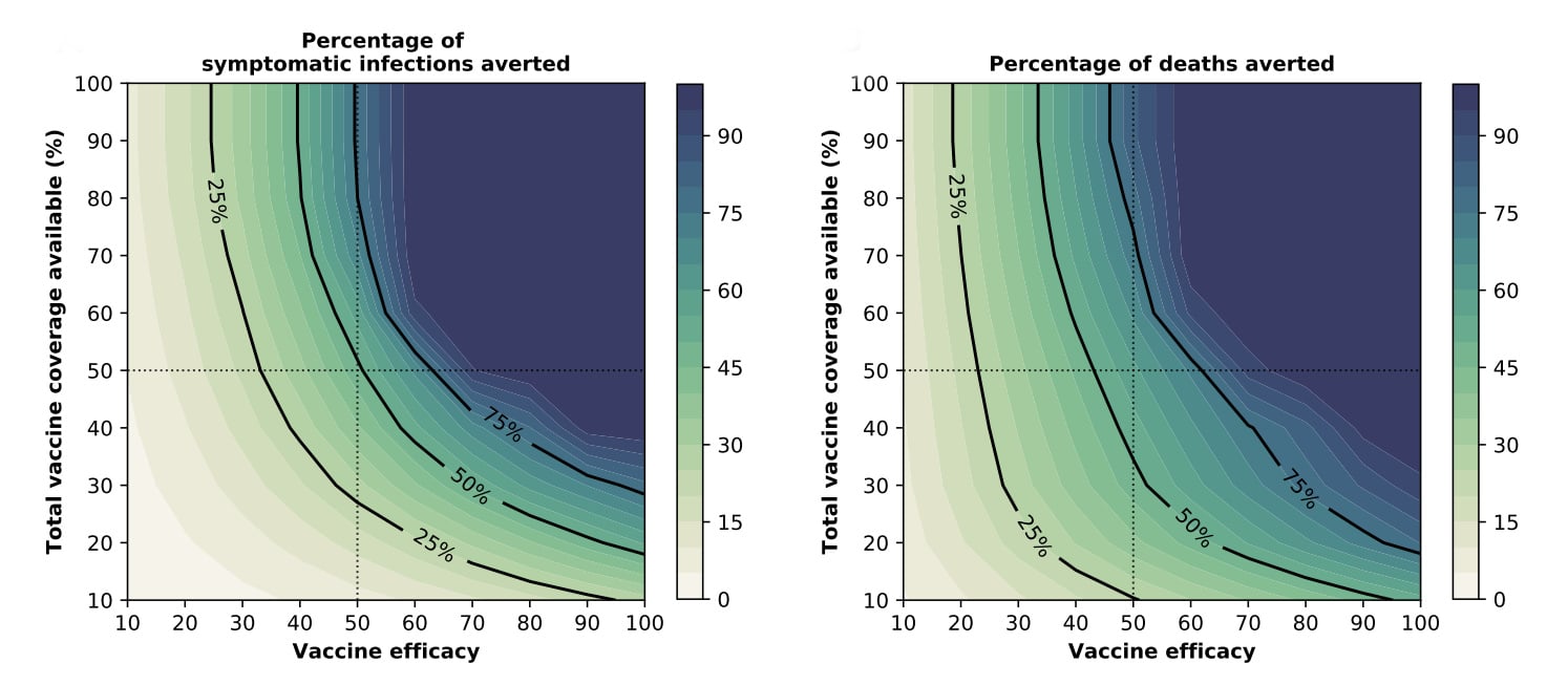 A vaccine rollout model shows how availability and efficacy of the vaccine affects infections and deaths due to Covid-19. 