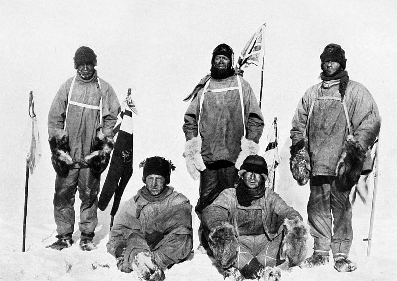 antarctic explorers five men in a black and white photograph taken in Antarctica
