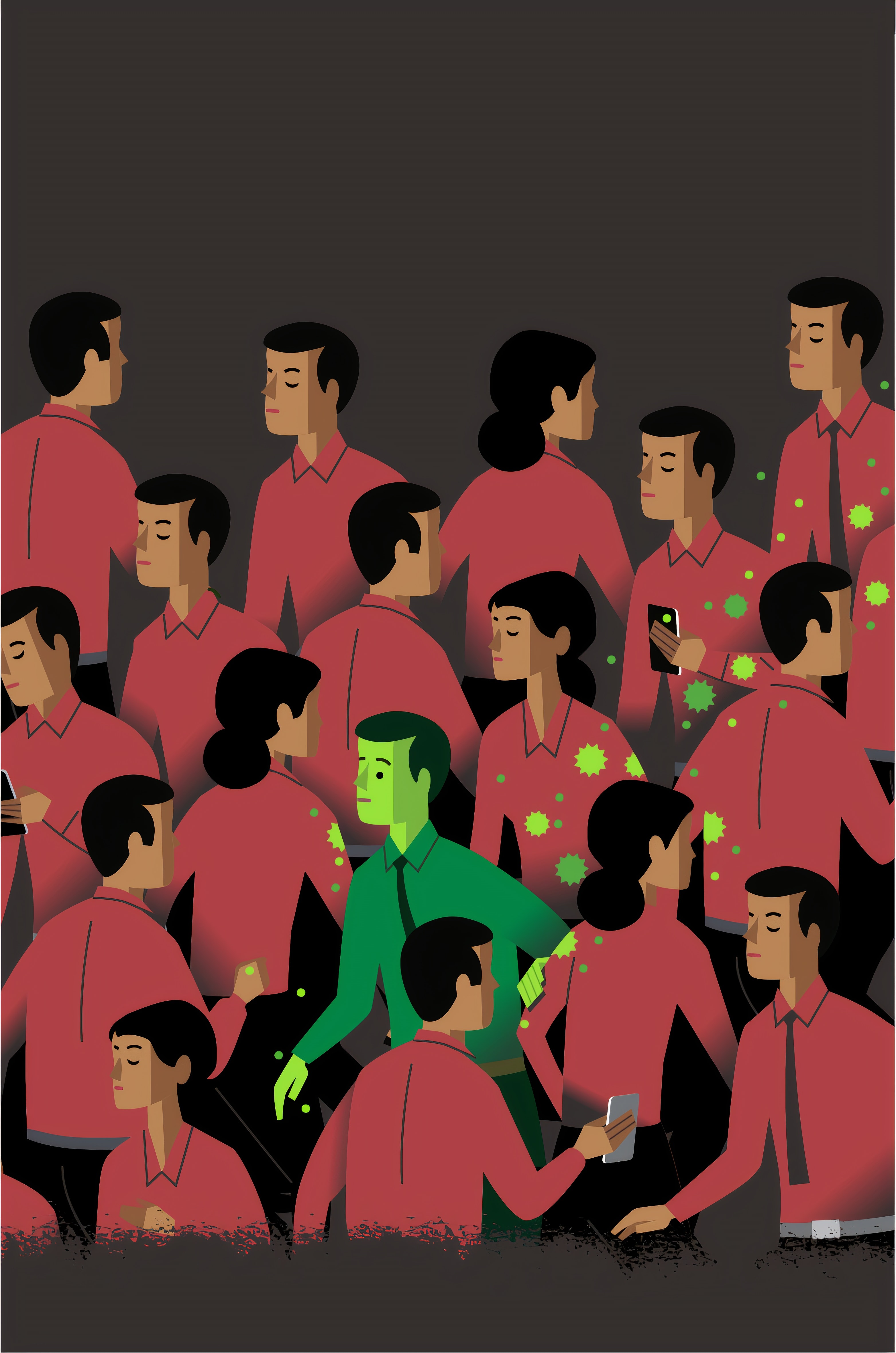 Current estimates suggest that a person infected with COVID-19 will, on average, pass the virus to 2-3 other people. A cartoon of an infected person moving through a crowd of uninfected people.